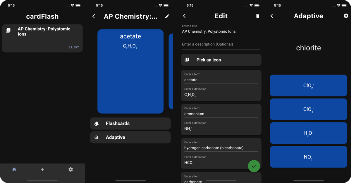 cardFlash screens: deck list, flashcard, deck editor, and adaptive study mode